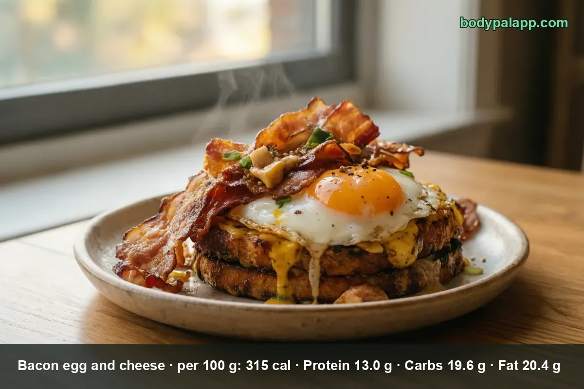 Open-faced bacon, egg and cheese on a toasted round roll, fried egg with runny yolk, bacon and melted cheddar.