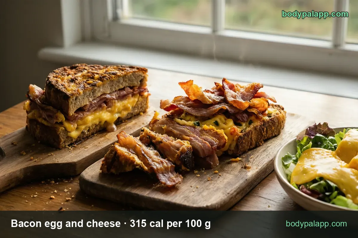 Two bacon, egg and cheese sandwiches on toast on a board, one halved, side salad; 1 sandwich 160 g 504 cal, large 240 g 756 cal.