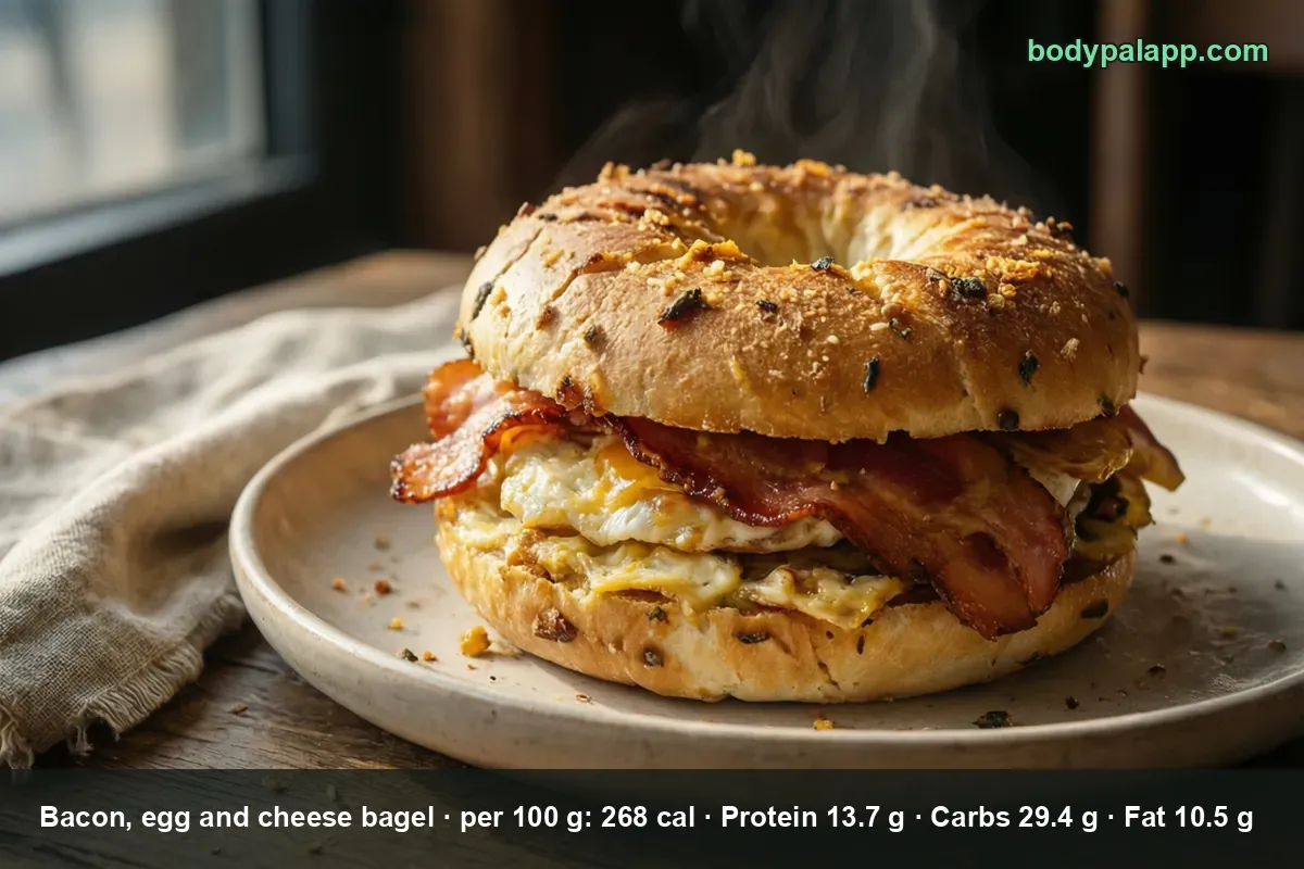 Whole onion-garlic bagel sandwich with scrambled eggs, bacon and melted cheddar on a plate, steam rising