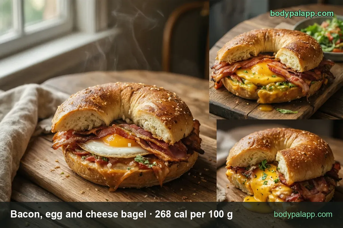 Bacon, egg and cheese bagels on a board, whole and halved, labeled 1 sandwich 200 g 536 cal and 1 large 300 g 804 cal