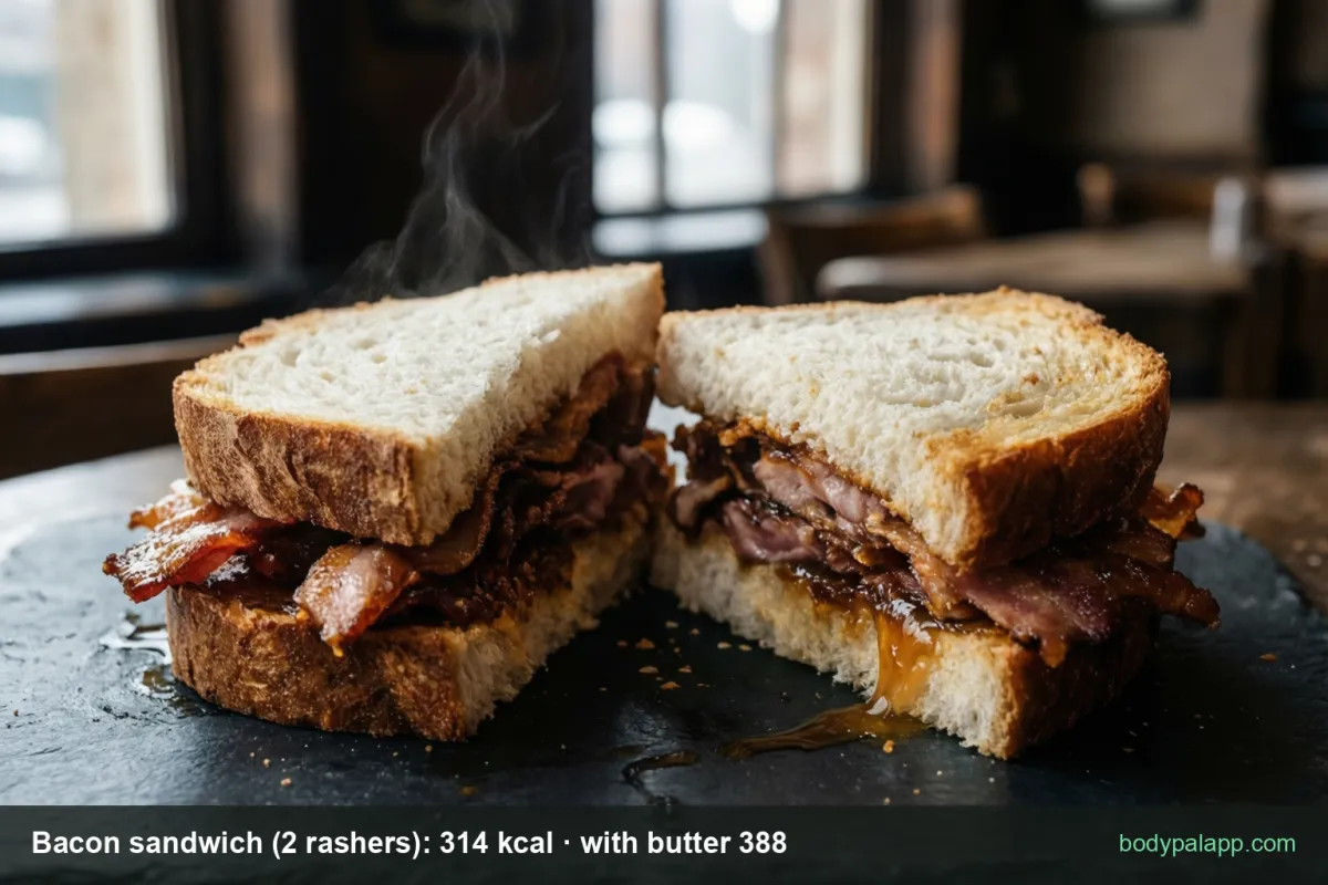 Bacon sandwich - 314 kcal, 388 with butter