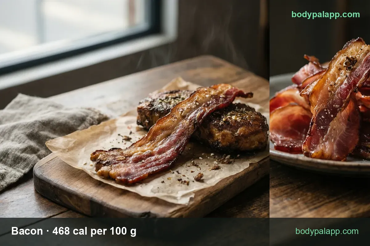 One cooked bacon strip on parchment beside two sausage patties and a plate of cooked strips; 1 slice (8 g) 37 cal, 3 slices (24 g) 112 cal