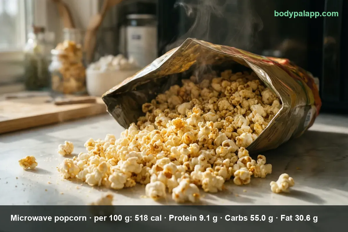 Open printed microwave popcorn bag pouring hot buttery popcorn onto a marble counter, steam rising