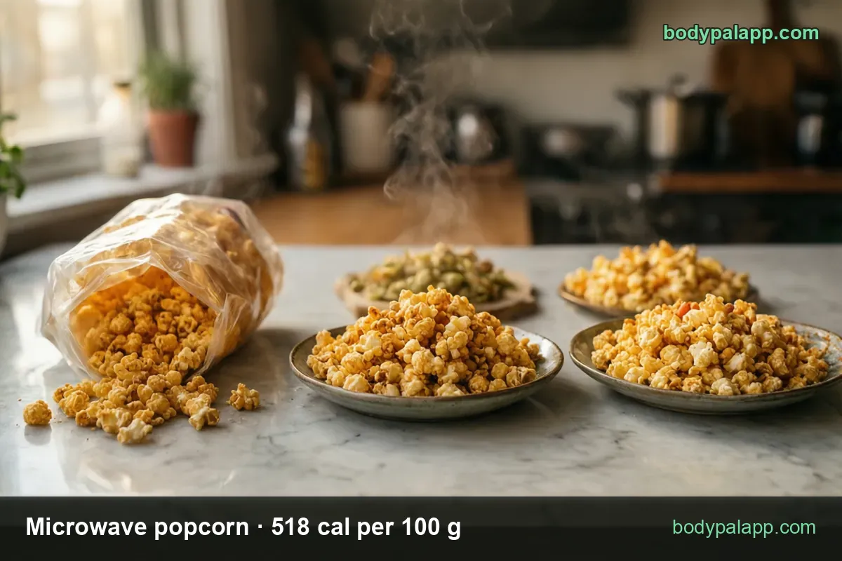 Buttery popcorn spilled from a tipped bag with two plates and a seasoned dish; 1 bag (85 g) 440 cal, 1 cup (14 g) 73 cal