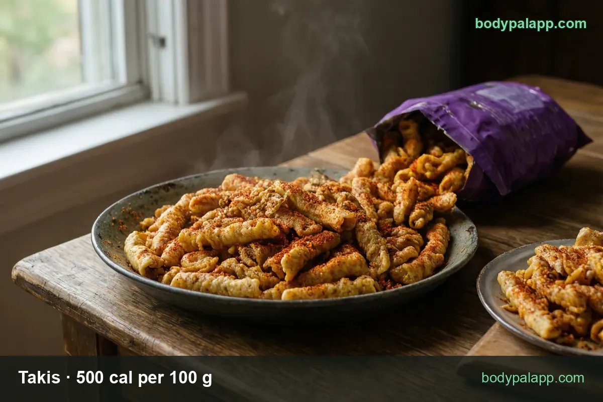 Plate piled with rolled chili-coated tortilla chips beside an open purple bag, 1 oz bag 140 cal and 4 oz bag 565 cal
