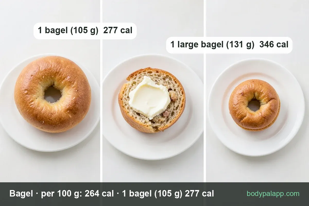 Sesame bagels on a slate board, one standing and one broken open, with 1 bagel (105 g) 277 cal and 1 large bagel (131 g) 346 cal