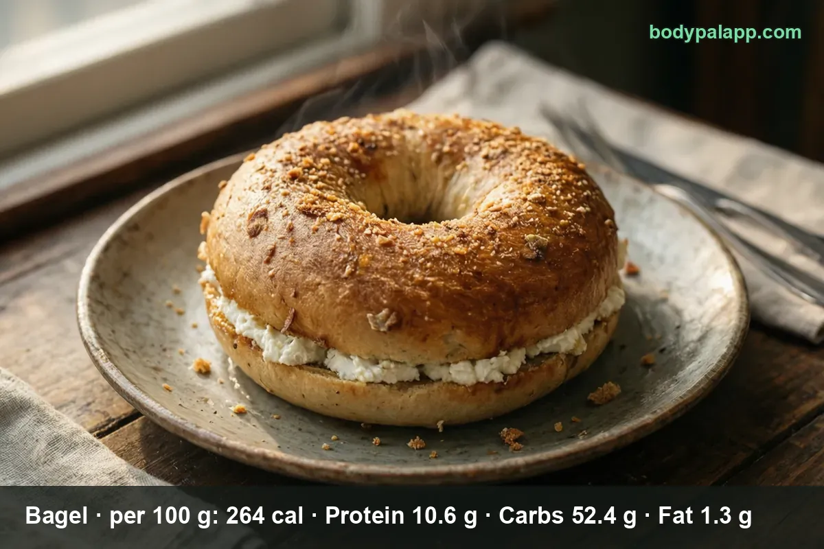 Whole bagel topped with white cream cheese on a plate, steam rising.