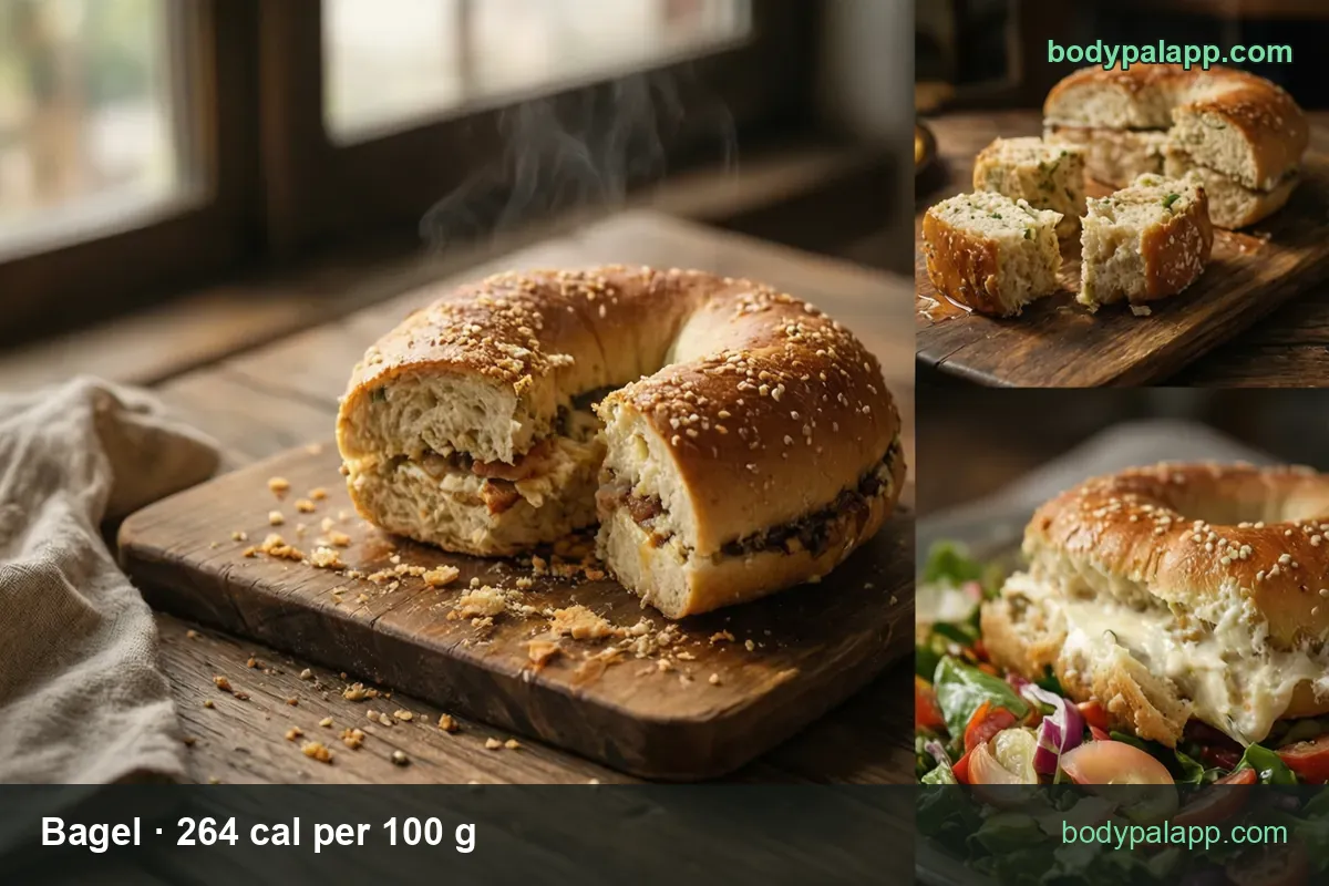 Sesame bagel halved on a board, a bagel cut into four bites, and a bagel with white cheese over tomato and onion salad; 105 g and 131 g portions.