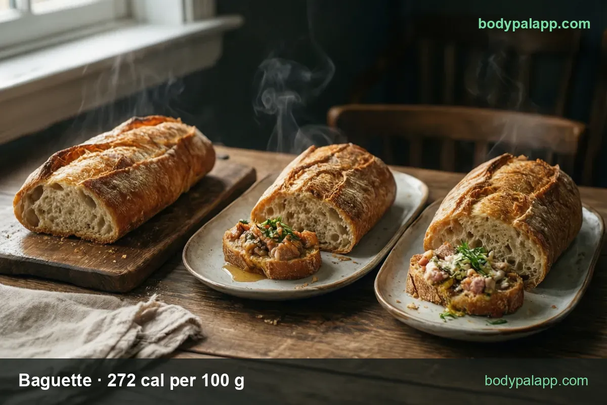 Cut baguette loaf on a board with two plates of half loaves and topped slices; mini baguette (152 g) 413 cal, slice (64 g) 174 cal.