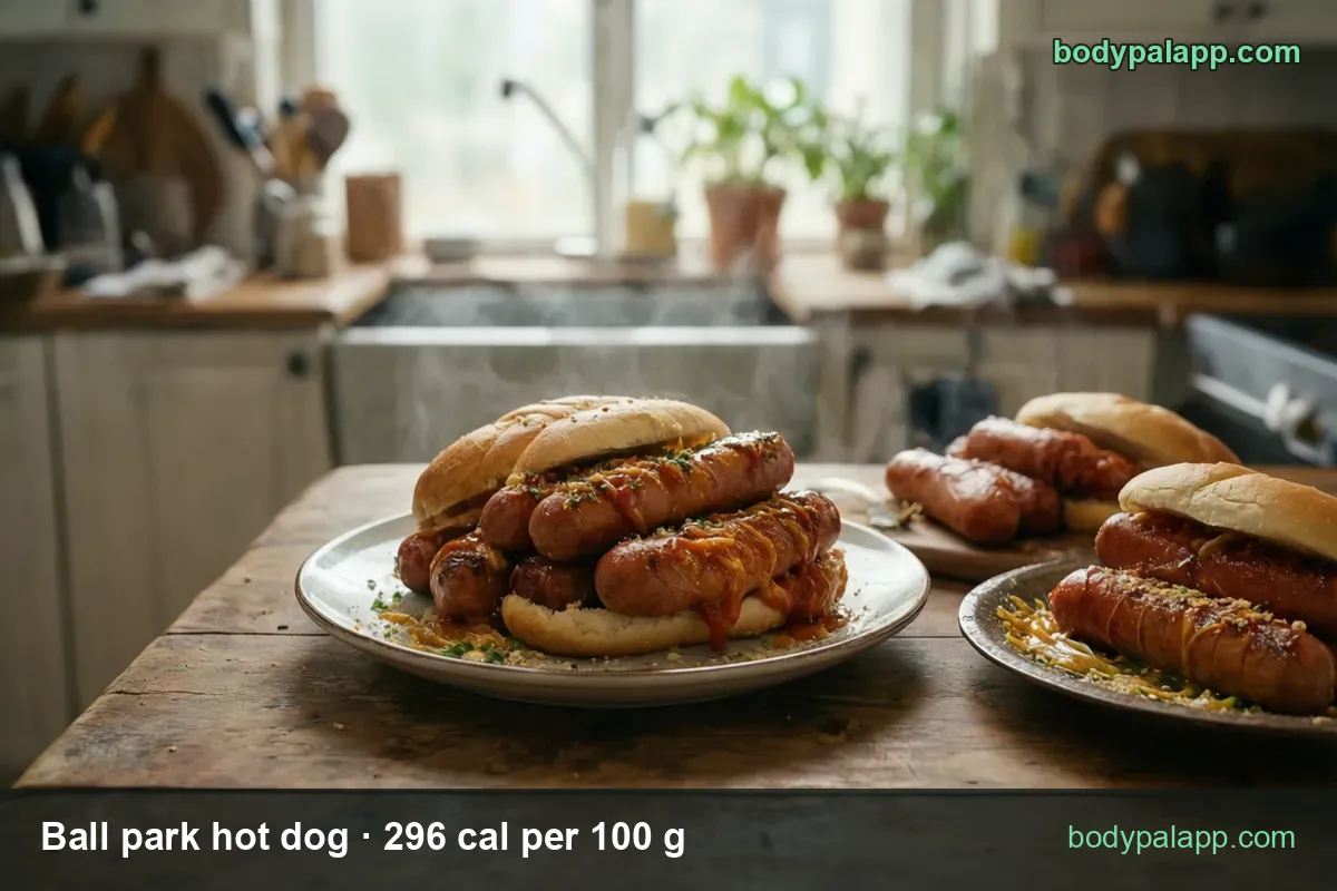 Plate of hot dogs in buns with onion beside bare franks on a board; 1 hot dog on a bun (102 g) 302 cal, 2 hot dogs (204 g) 604 cal