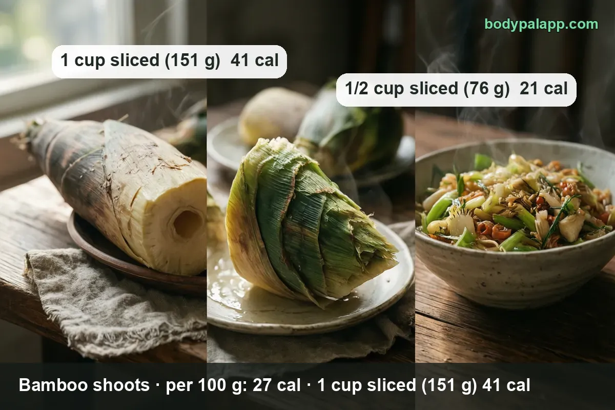 Bowl of steamed bamboo shoot slices with scallion: 1 cup sliced (151 g) 41 calories, 1/2 cup sliced (76 g) 21 calories