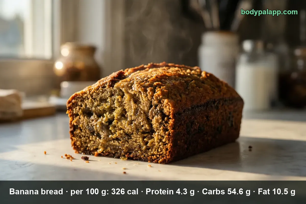Whole banana bread loaf with one end cut off, showing the dense brown crumb inside.