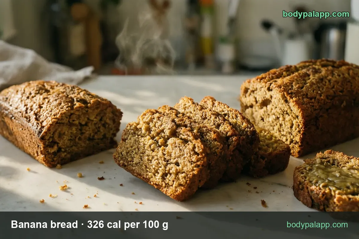 Banana bread loaf with three fanned slices and a buttered slice on marble; 1 slice 60 g 196 cal, 2 slices 120 g 391 cal.