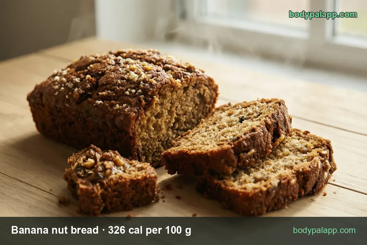 Banana nut bread loaf on wood with two stacked slices and an end piece: 1 slice (60 g) 196 cal, 2 slices (120 g) 391 cal