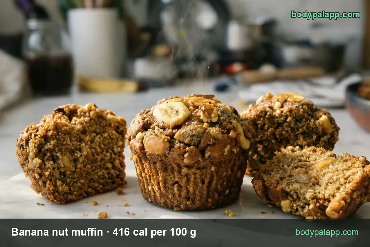 Four banana nut muffins on marble, one whole with walnuts, one halved; 1 muffin (113 g) 470 cal, 1/2 muffin (57 g) 237 cal