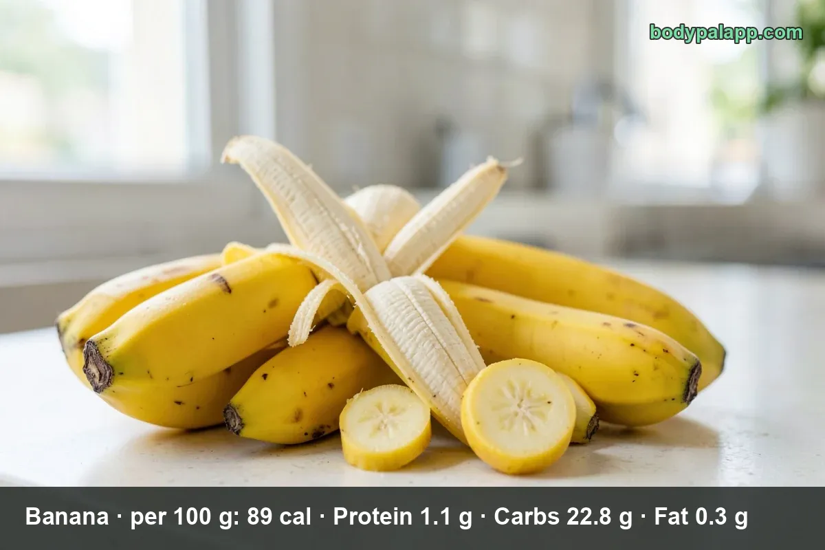 A bunch of four ripe yellow bananas, one peeled halfway