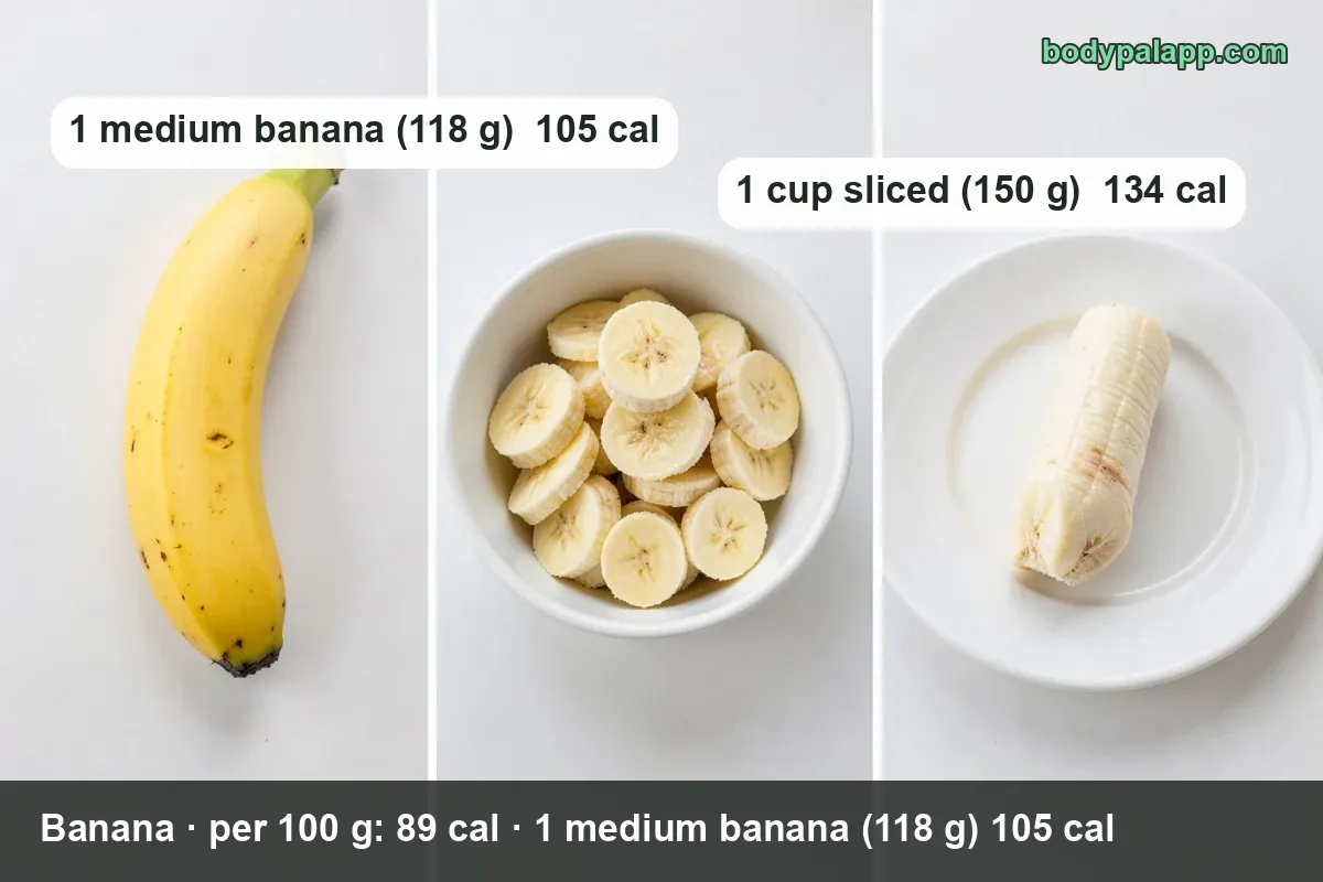 Peeled banana with two cut slices beside whole bananas; 1 medium banana (118 g) 105 cal and 1 cup sliced (150 g) 134 cal
