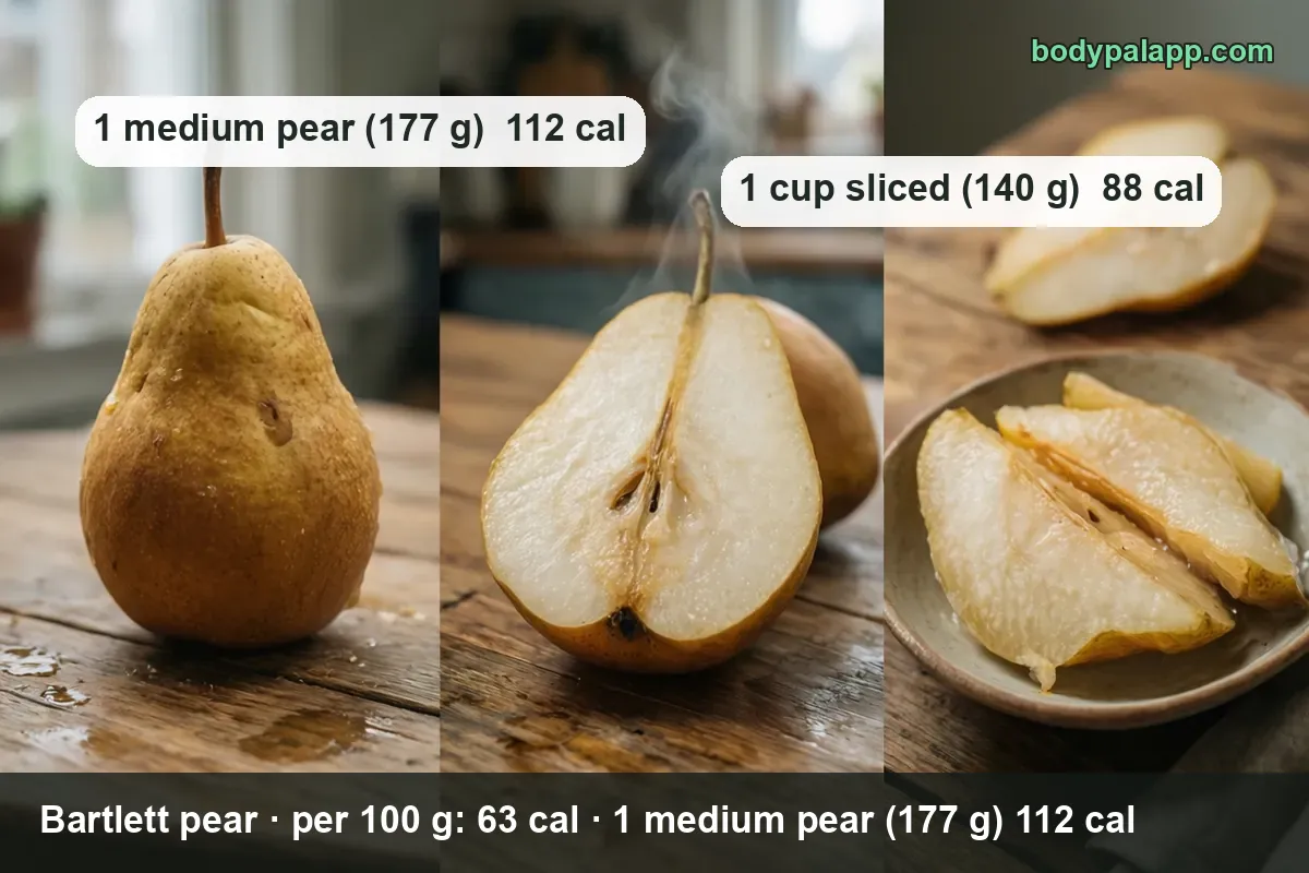 Whole Bartlett pear, a halved pear with seeds and pear slices on a plate: 1 medium pear (177 g) 112 cal, 1 cup sliced (140 g) 88 cal