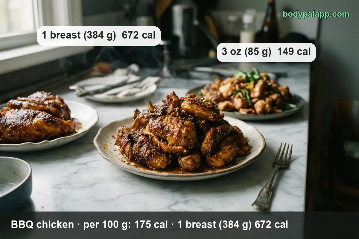 Plates of glazed BBQ chicken pieces, half a chicken and sliced chicken, labeled 1 breast (384 g) 672 cal and 3 oz (85 g) 149 cal