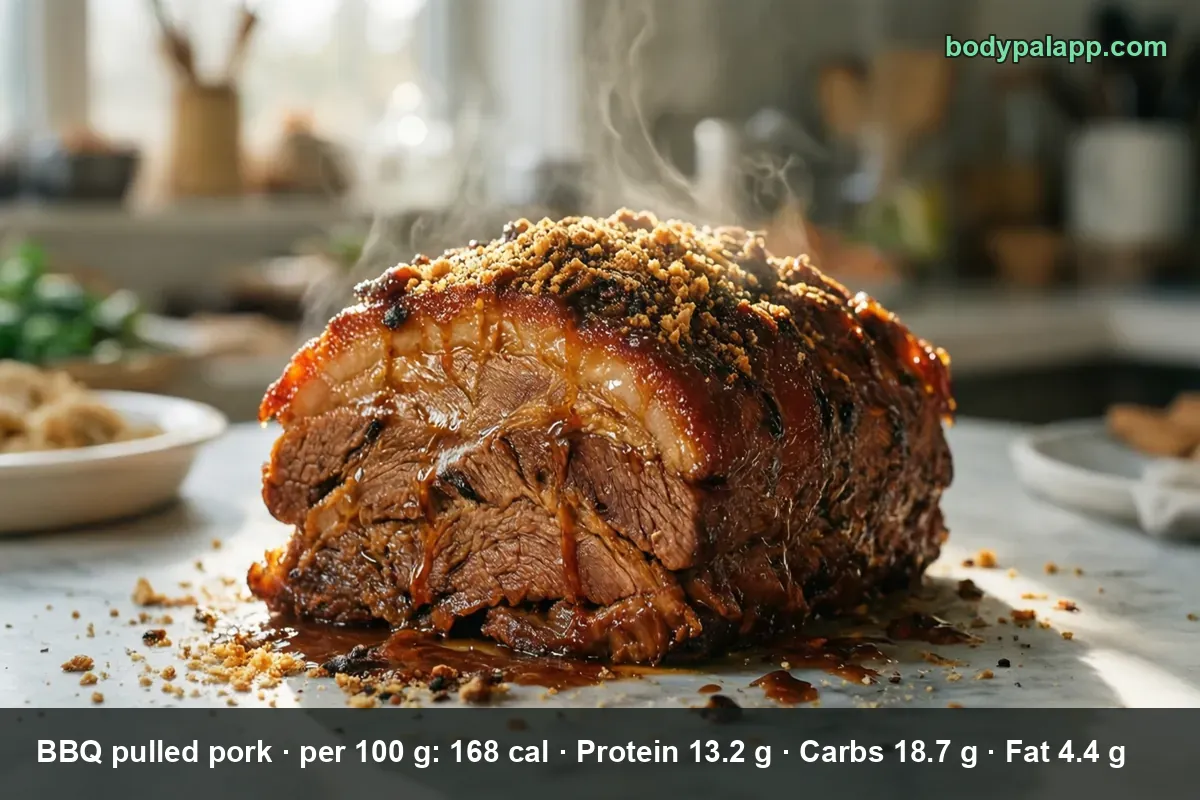 Whole roasted pork joint with a dark bark crust, crumbs on top and steam rising, before it is pulled for BBQ pulled pork
