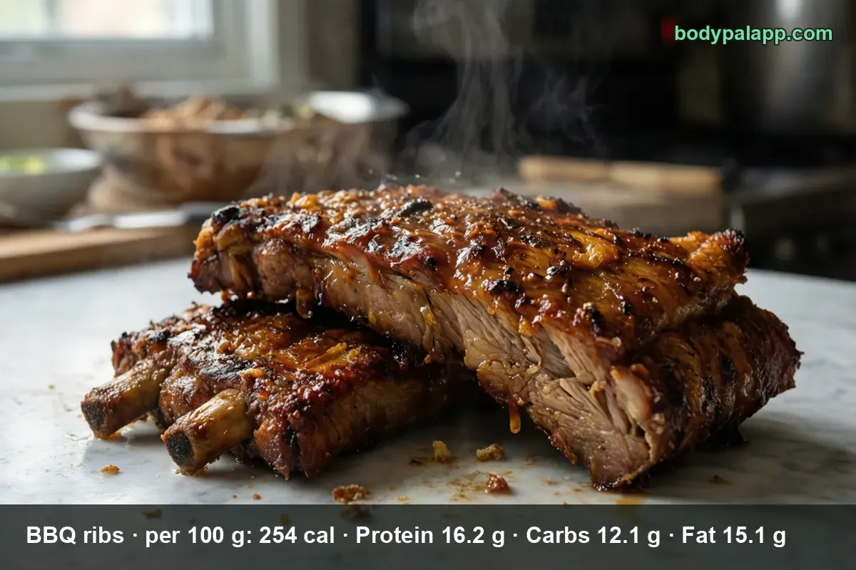 Two stacked pieces of barbecue pork ribs with glossy BBQ glaze and steam on a marble surface.