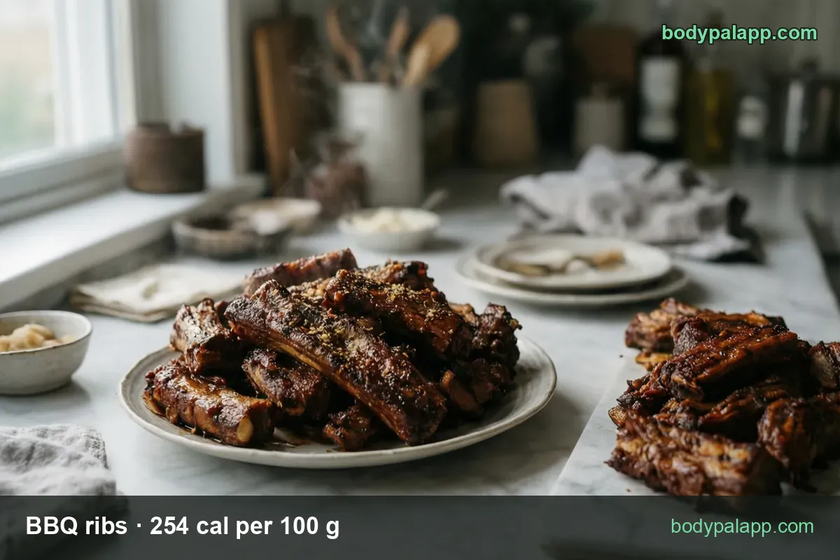 Plate of about seven glazed BBQ ribs with five more on a marble board; chips show 3 ribs 267 cal and 1 rib 89 cal.