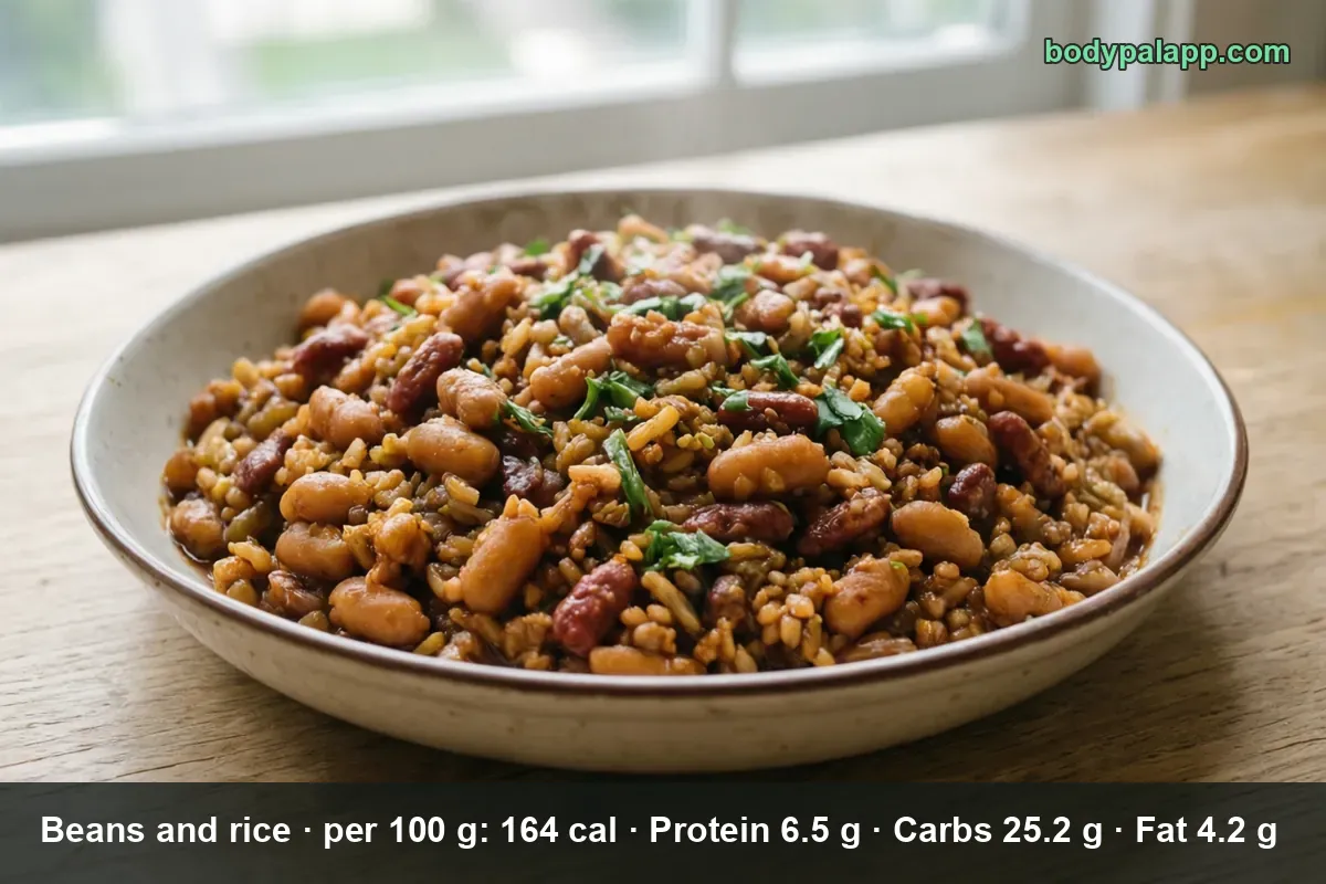 Shallow plate of beans and rice topped with chopped parsley
