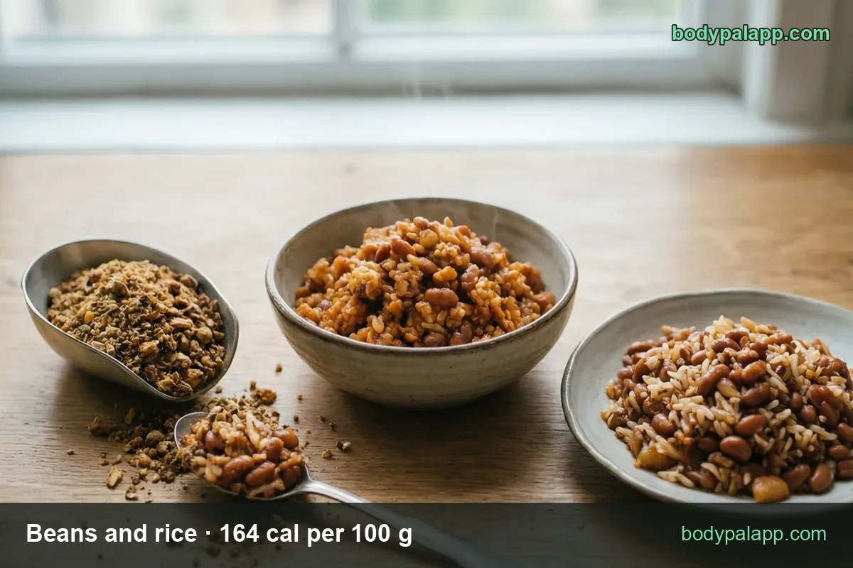 Bowl of beans and rice, a plate beside it and a spoonful in front, labeled 1 cup 170 g 279 cal and 2 cups 340 g 558 cal