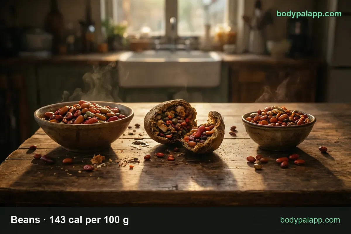 Two bowls of mixed cooked beans, large and small, labeled 1 cup (171 g) 244 cal and 1/2 cup (85.5 g) 122 cal.
