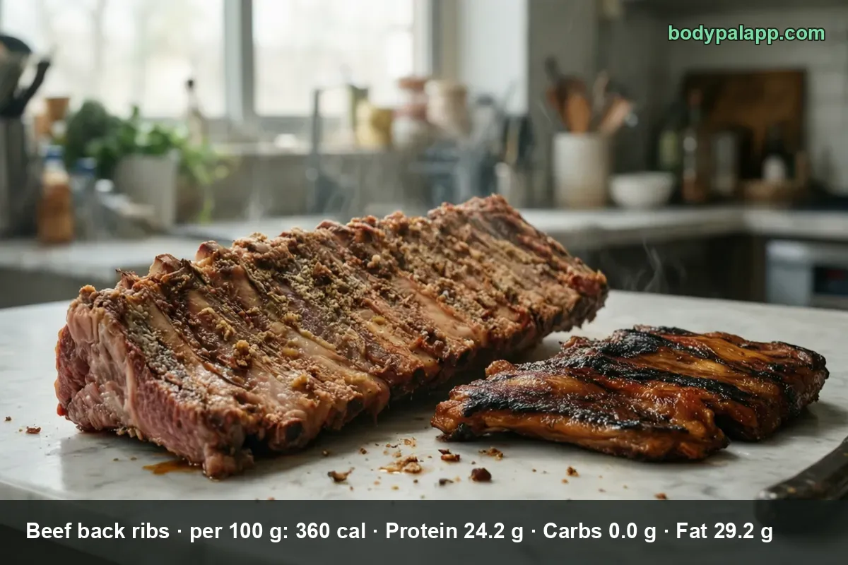 Whole rack of seasoned bone-in beef back ribs with a charred piece beside it, lightly steaming