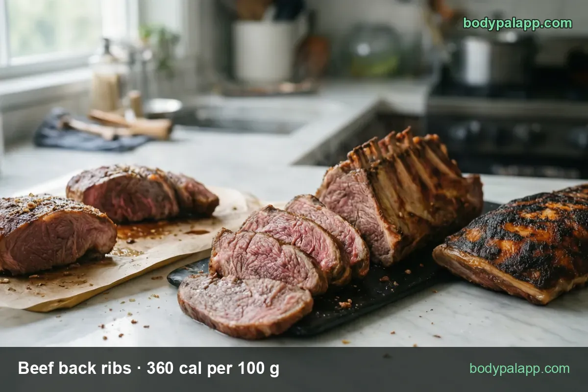 Cooked beef back ribs: seared pieces, sliced bone-in ribs and a charred rack, labeled 3 oz (85 g) 306 cal and 4 oz (113 g) 407 cal
