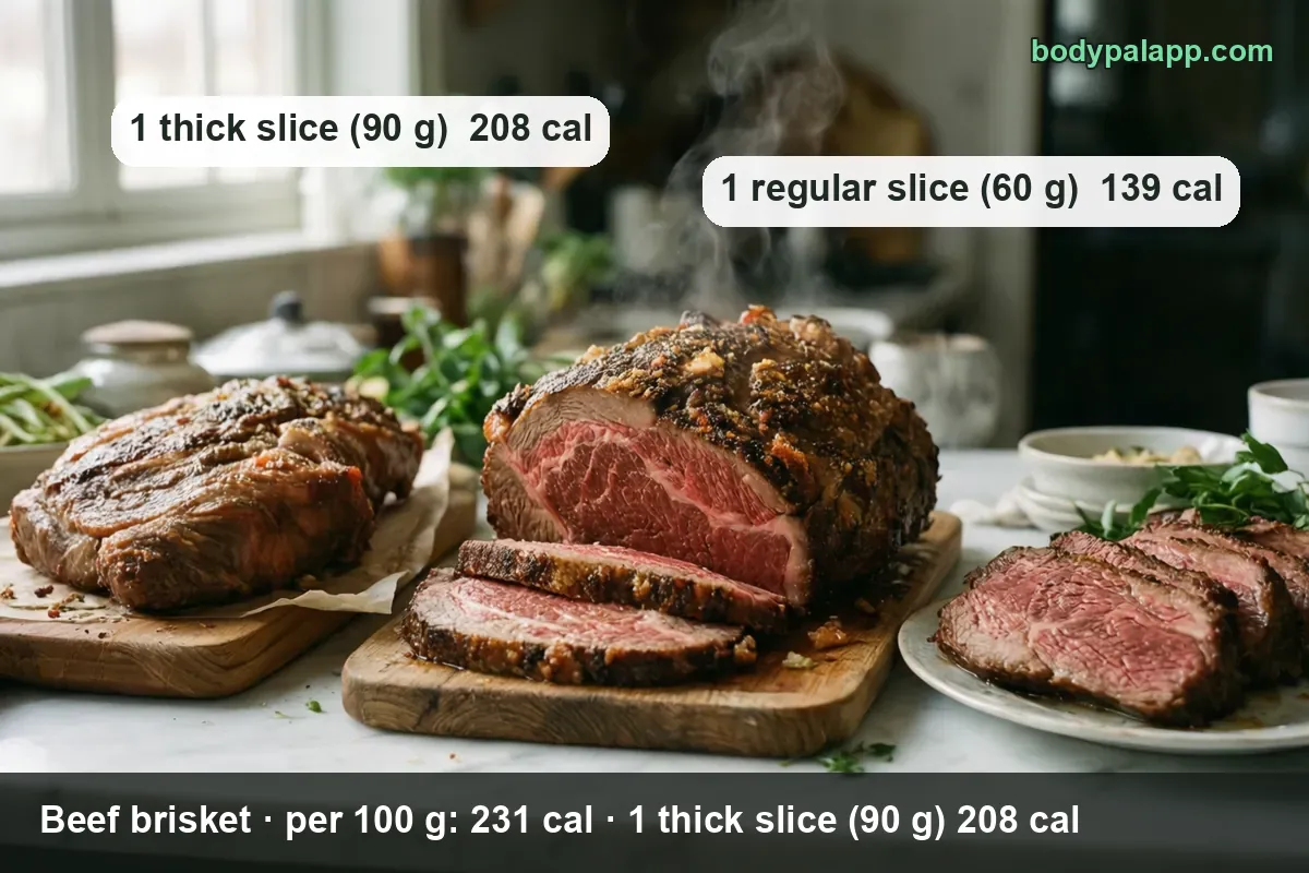 Cooked beef brisket on a board and sliced on a plate: 1 thick slice (90 g) 208 cal, 1 regular slice (60 g) 139 cal.