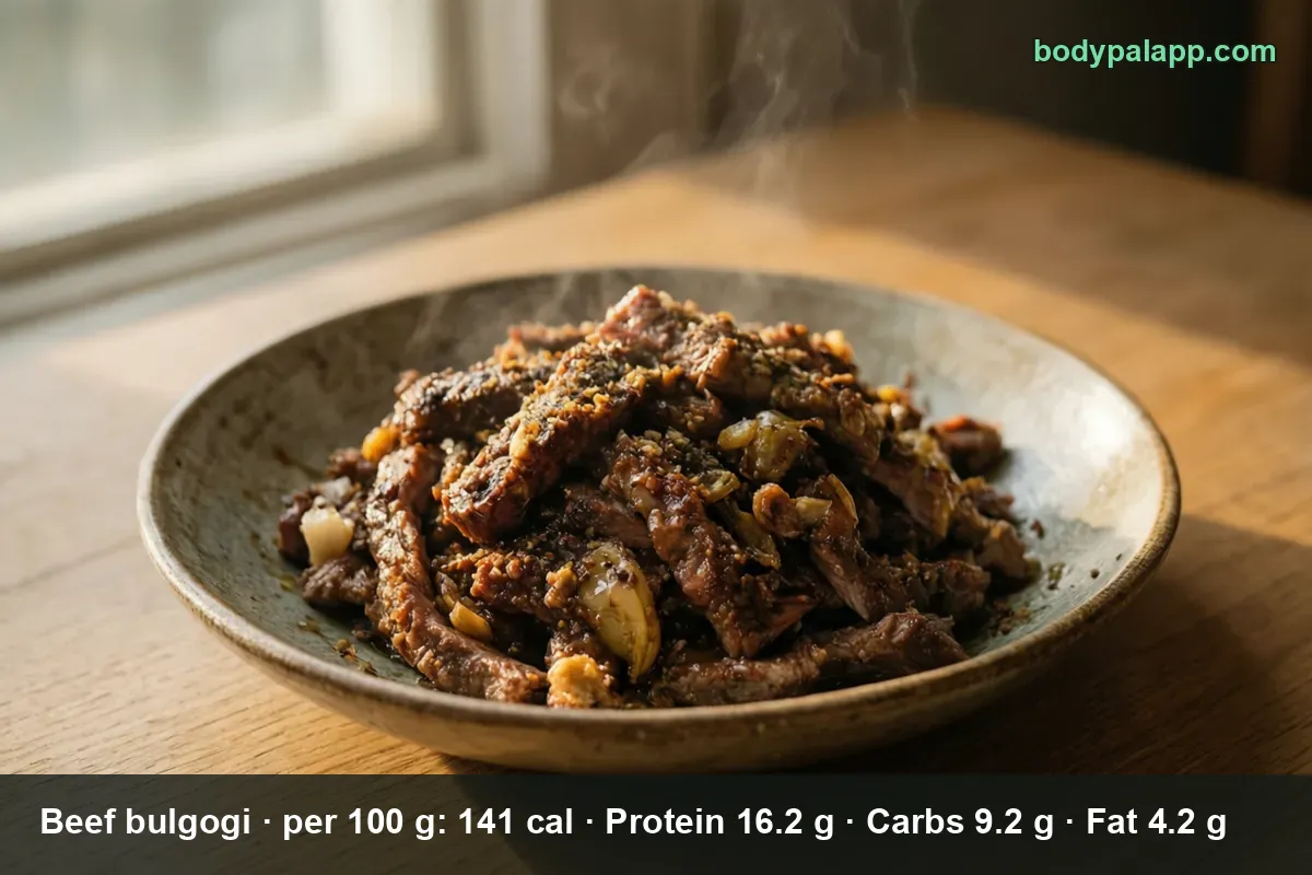Plate of thin marinated beef bulgogi strips with garlic and sesame seeds, steaming