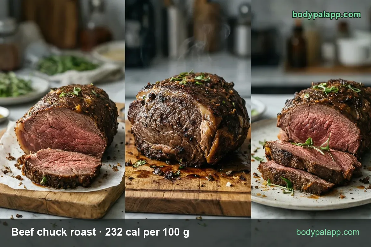Sliced medium rare beef chuck roast on a board and plate with 4 oz (113 g) 262 cal and 3 oz slice (85 g) 197 cal chips
