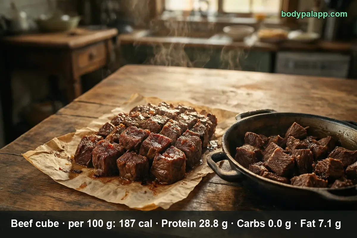 About a dozen seared beef cubes on parchment next to a steaming cast-iron bowl filled with more beef cubes