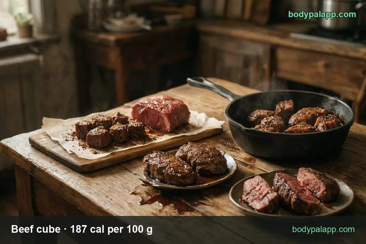 Board of seared beef cubes with a small raw beef block, skillet and plates of cubes; chips 1 cup (135 g) 252 cal, 1 cubic inch (17 g) 32 cal