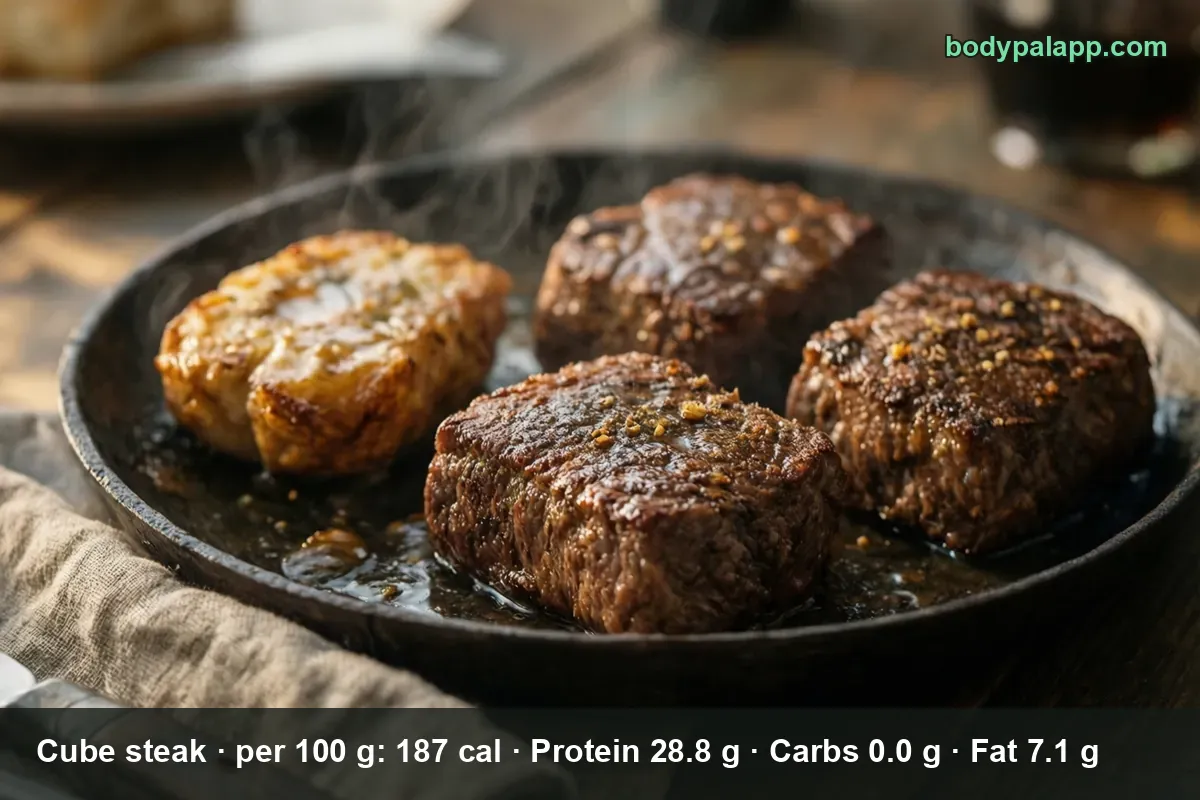 Cast iron skillet holding four thick seared cube steaks, one lighter and breaded-looking