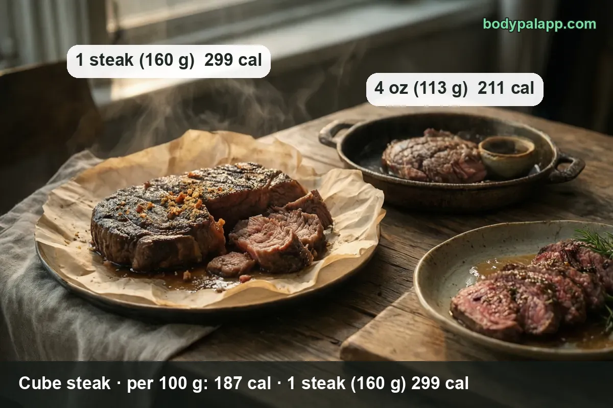Cube steak sliced on parchment and a skillet steak with sauce: 1 steak (160 g) 299 cal, 4 oz (113 g) 211 cal