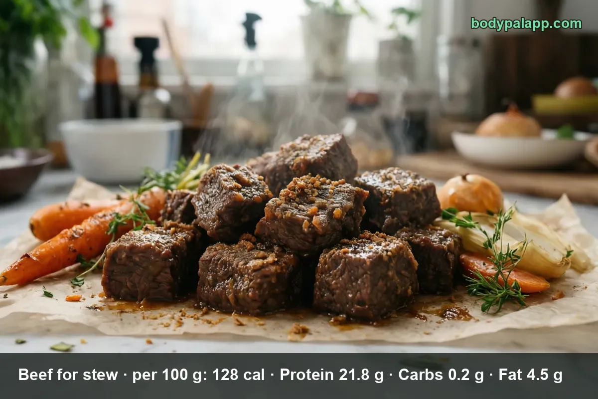 Raw beef stew cubes with chopped vegetables, showing the cut sold as beef for stew.
