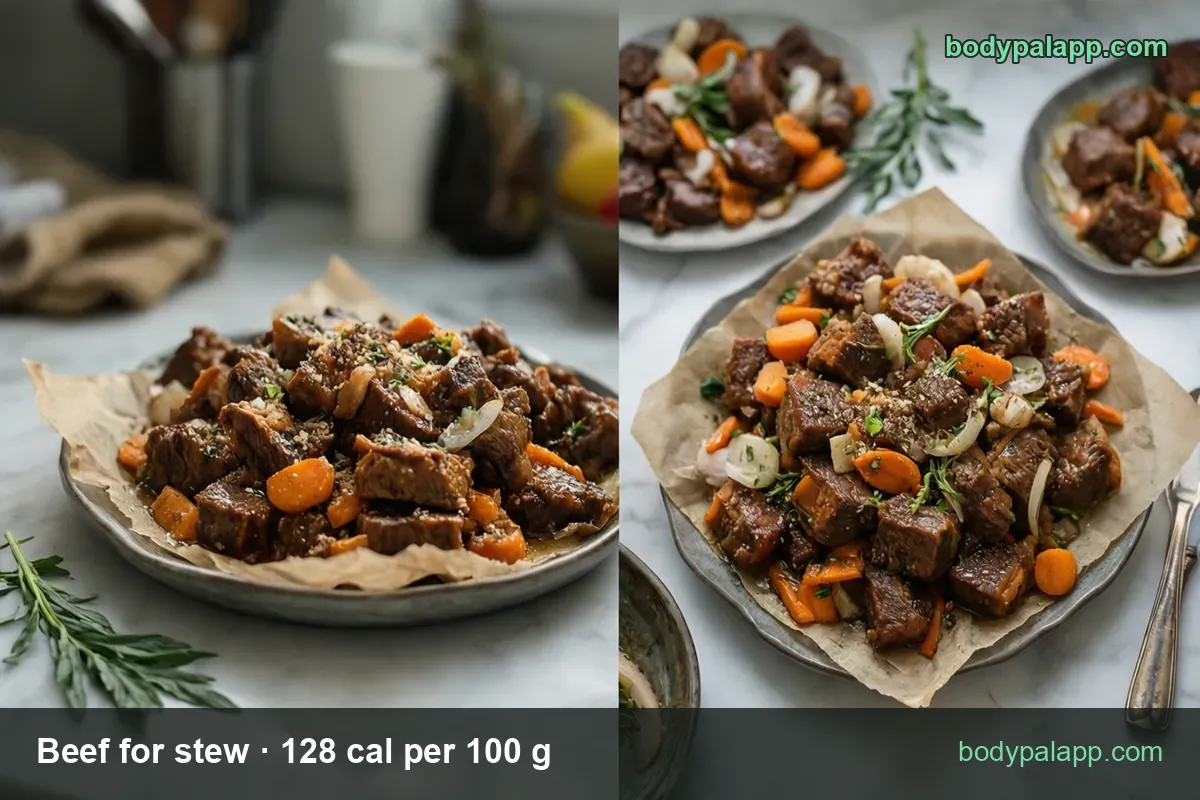 Beef stew cubes with vegetables and two serving labels: 4 oz raw 113 g at 145 calories and 3 oz raw 85 g at 109 calories.