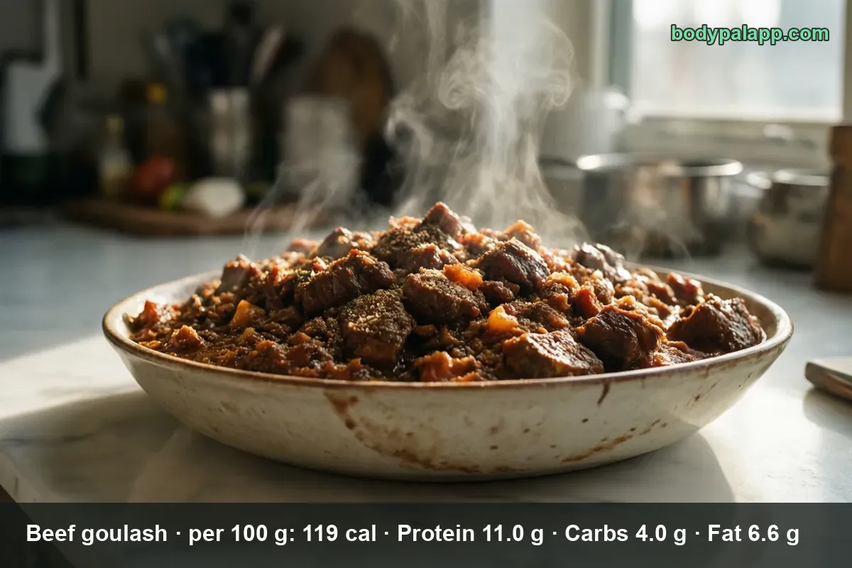 Shallow plate of beef goulash with large chunks of beef and onion, steam rising from the sauce.