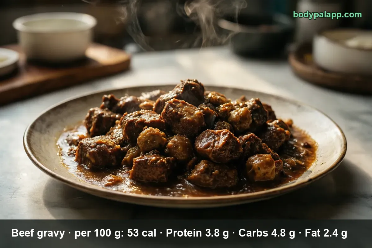 Plate of sliced beef in brown beef gravy, steam rising