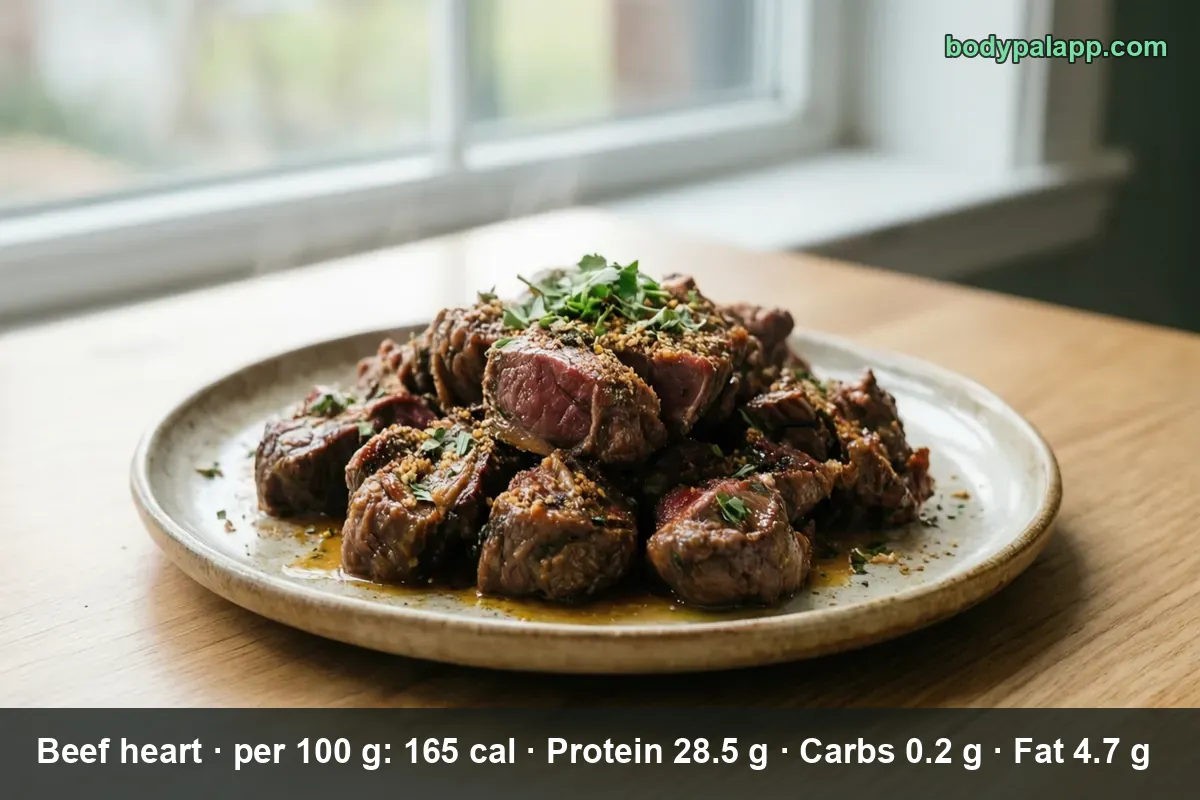Pile of seared beef heart cubes with herbs and spices in sauce on a plate