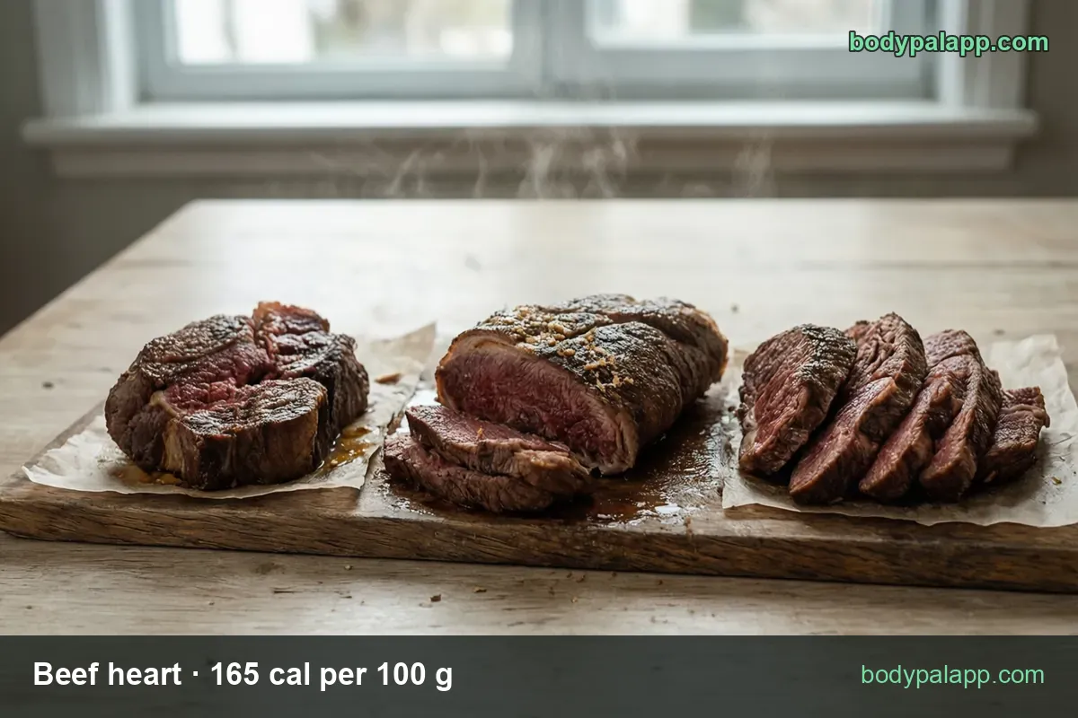 Three roasted beef heart pieces on parchment on a board, one whole, one part-sliced, one in five slices; 3 oz (85 g) and 4 oz (113 g)