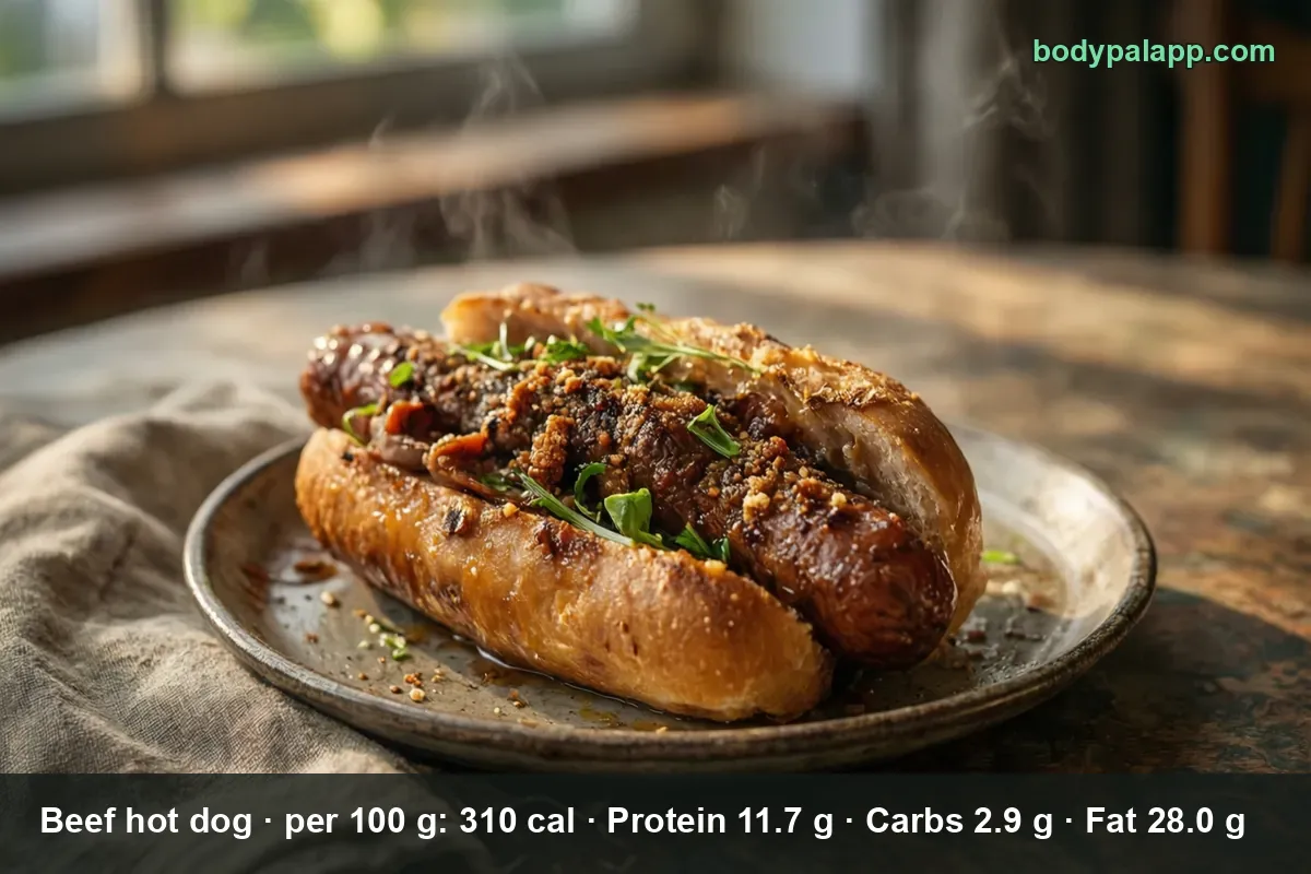 One steaming beef hot dog in a bun on a plate, topped with crumbs and herbs