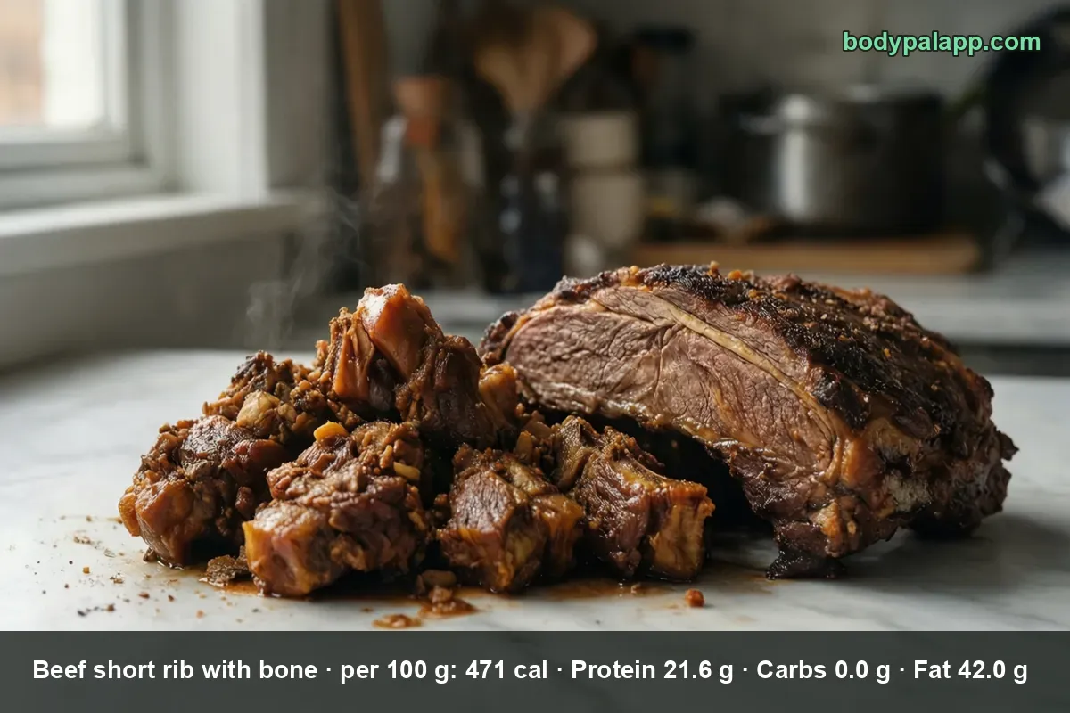 Braised beef short rib cubes in sauce next to a large seared bone-in short rib on marble, steam rising