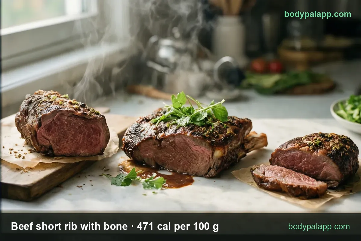 Roasted beef short ribs on parchment, one bone-in with herbs, one sliced; chips read 225 g rib 1060 cal and 3 oz 400 cal