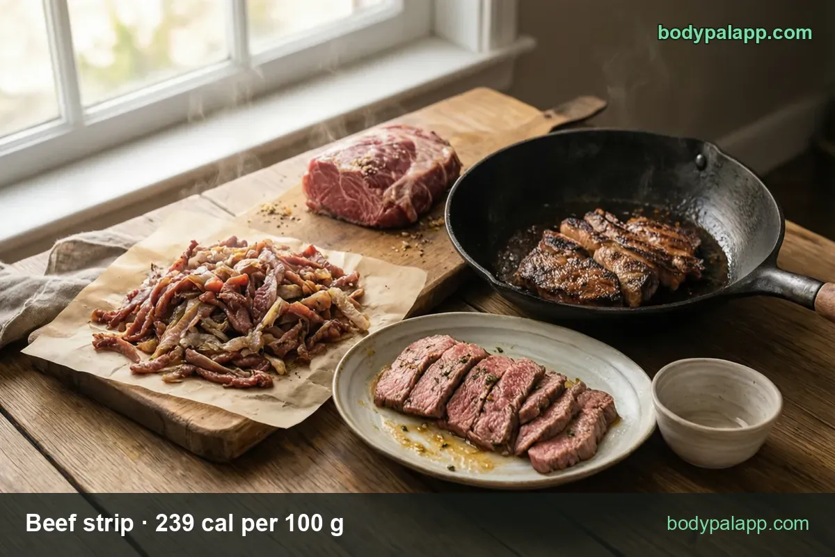 Raw beef strips on parchment, a whole raw cut, a cast-iron pan with seared steaks and a plate of sliced steak, marked 240 g and 135 g