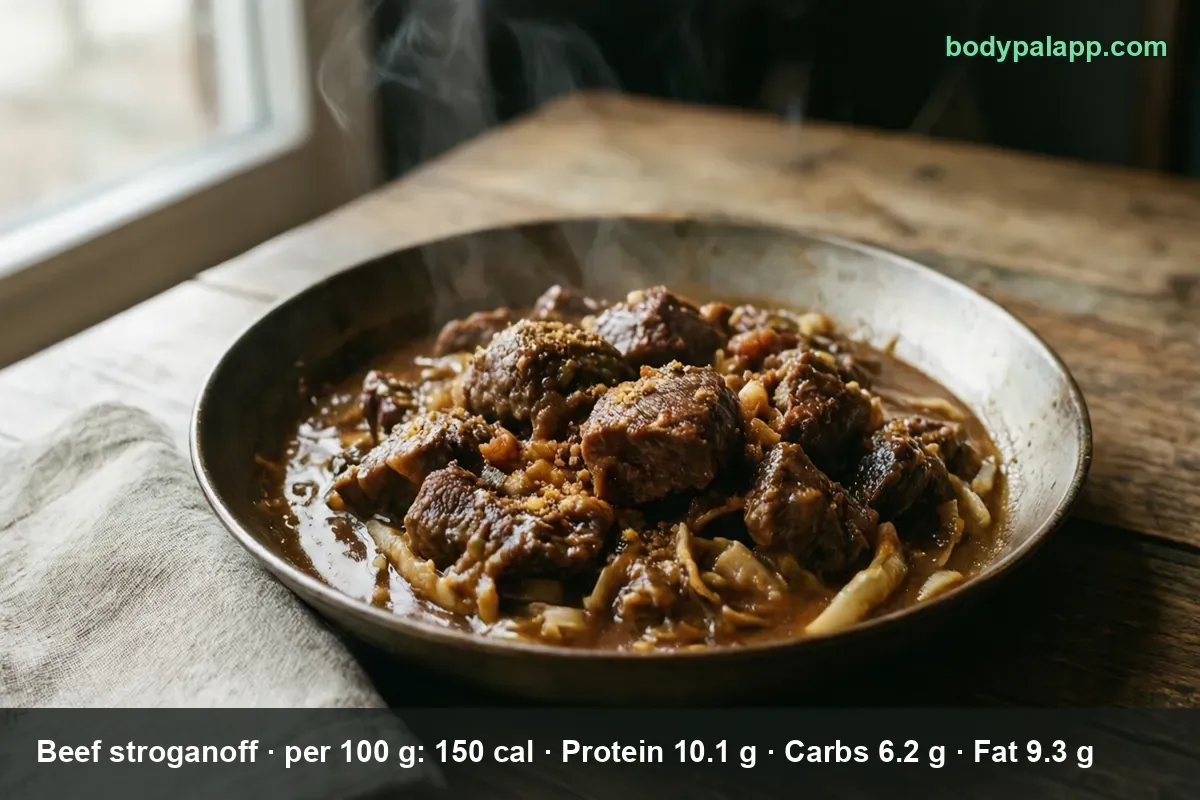 Plate of beef stroganoff, beef cubes in brown sauce with onion and pale noodle-like strips, steam rising.
