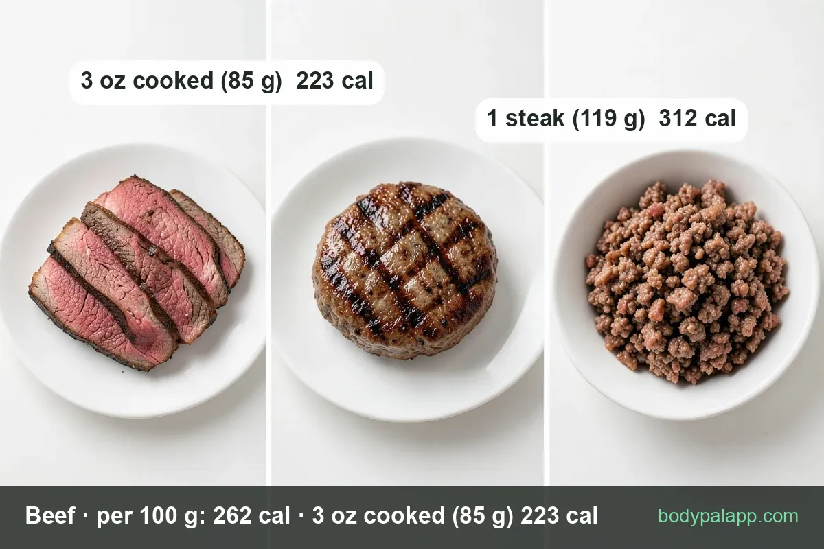 Three sliced roast beef pieces on a board and two plates, labeled 3 oz cooked (85 g) 223 cal and 1 steak (119 g) 312 cal.